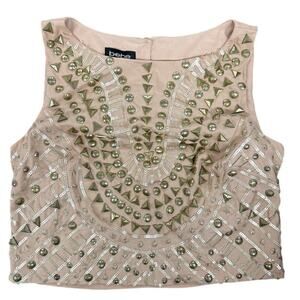 Bebe Nude Embellished Studded Crop Top Sz 0 — Glam Rock Y2K Party Clubwear